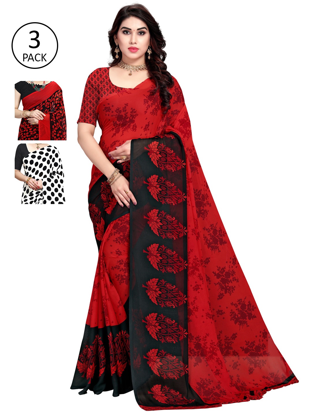 

KALINI White & Red Pack of 3 Printed Sarees