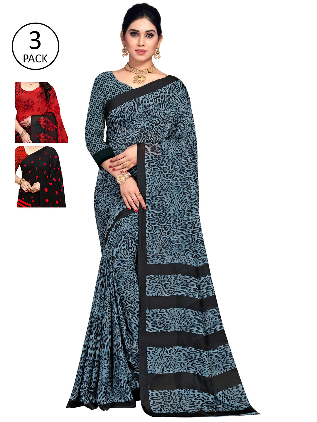 

KALINI Pack of 3 Printed Saree, Red