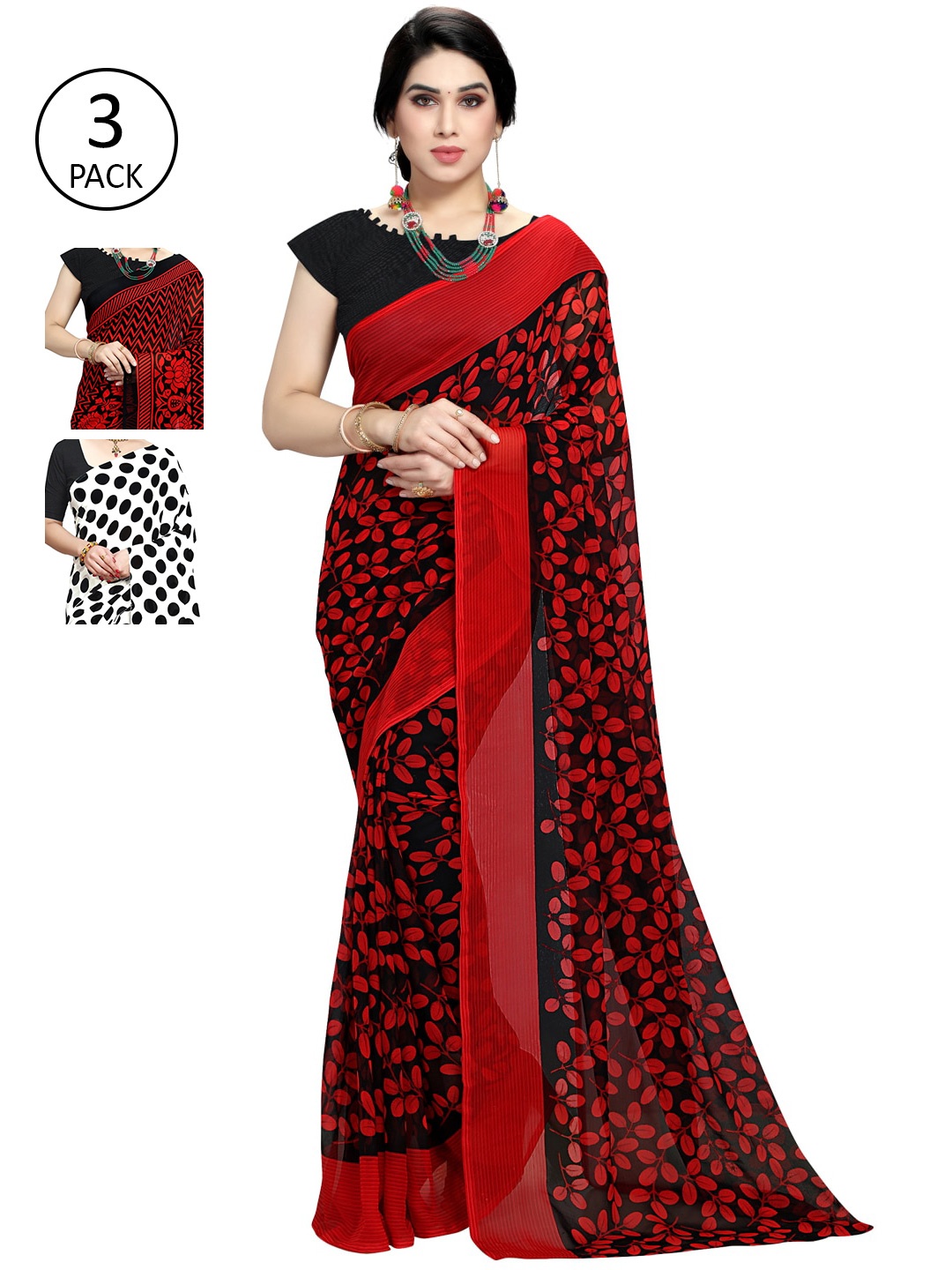 

KALINI White & Red Pack of 3 Printed Sarees