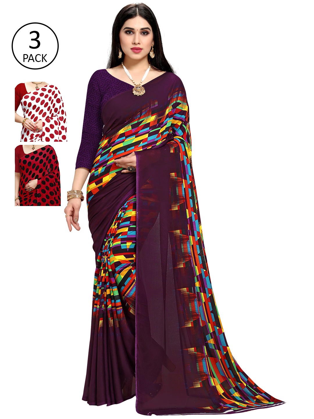 

KALINI Women Pack Of 3 Printed Sarees, Red
