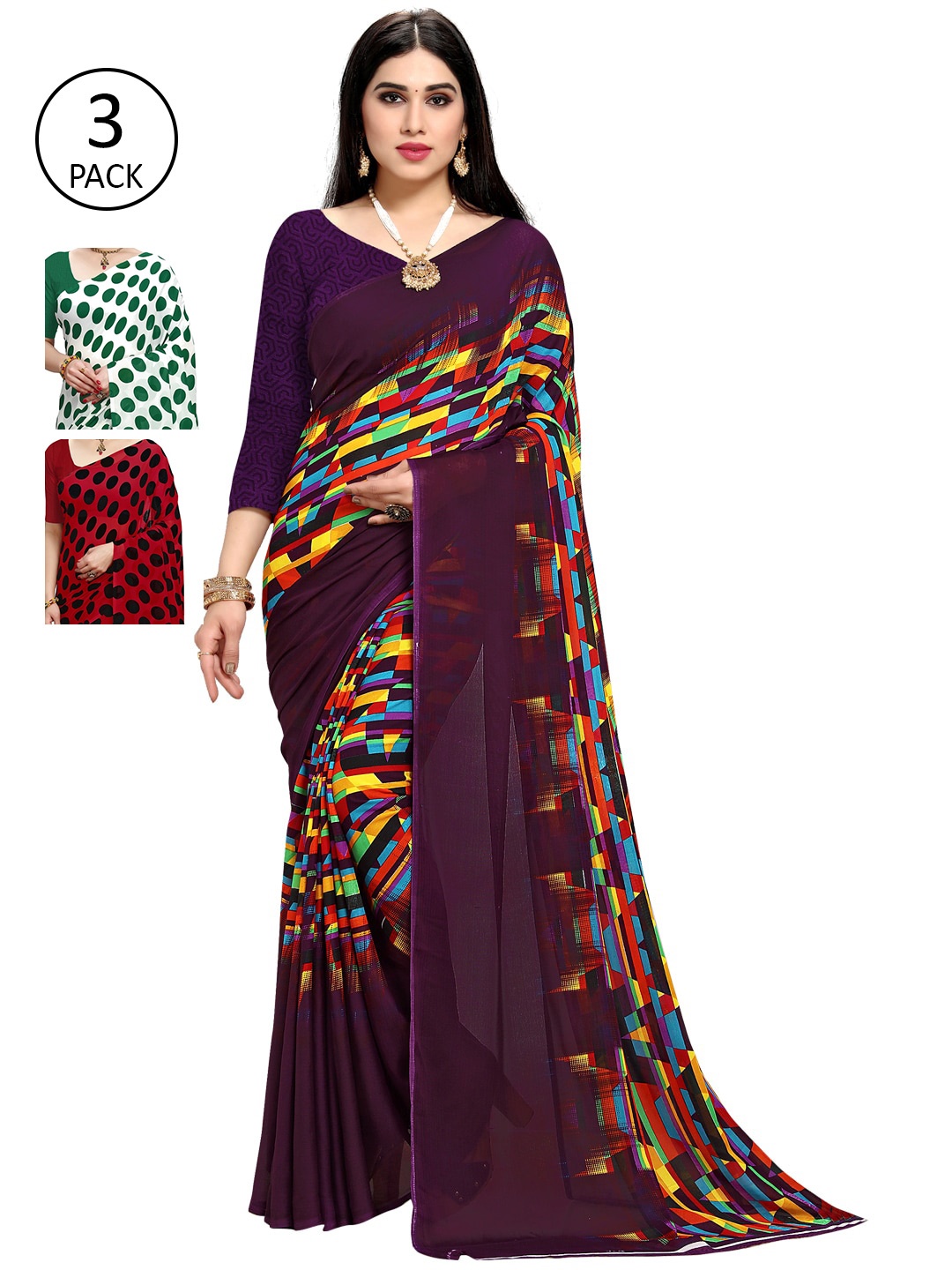 

KALINI Women Pack Of 3 Printed Sarees, Red