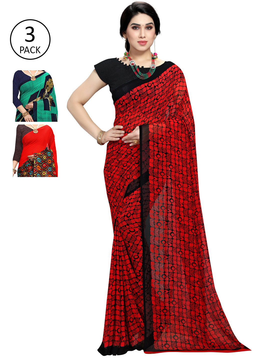 

KALINI Women Pack of 3 Multicolor Poly Georgette Printed Saree, Red