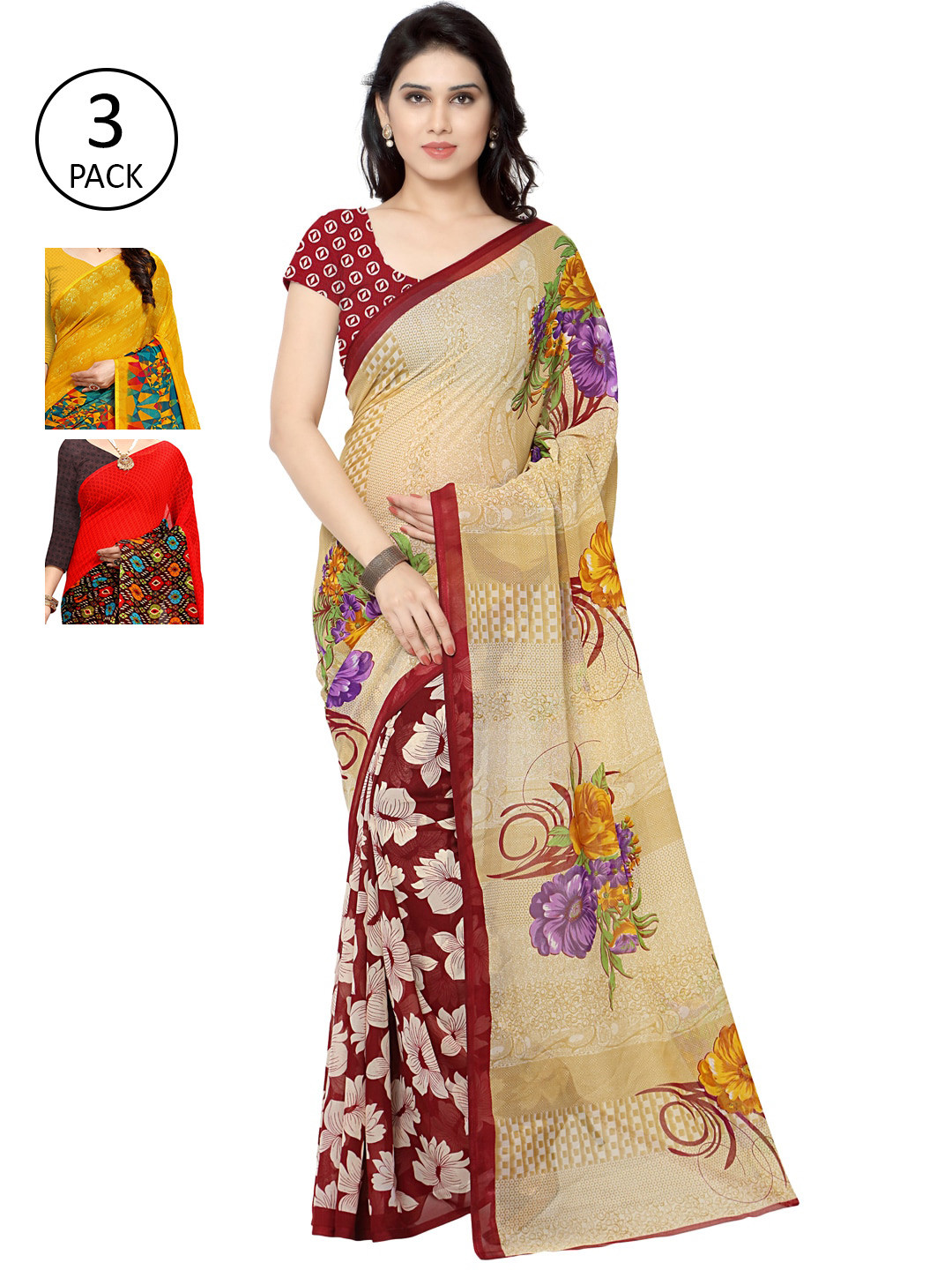 

KALINI Pack of 3 Printed Poly Geogrette Sarees, White