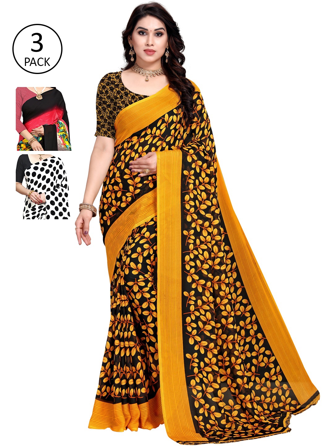 

KALINI Women Pack of 3 Printed Sarees, White