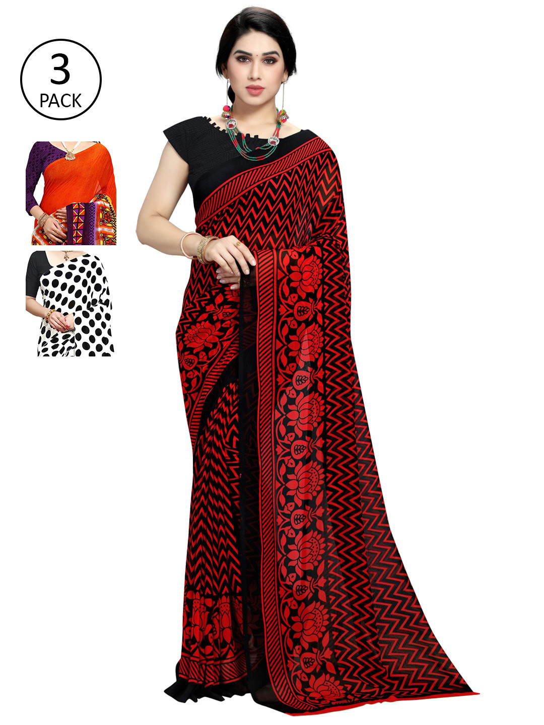 

KALINI Women Pack of 3 Printed Sarees, White