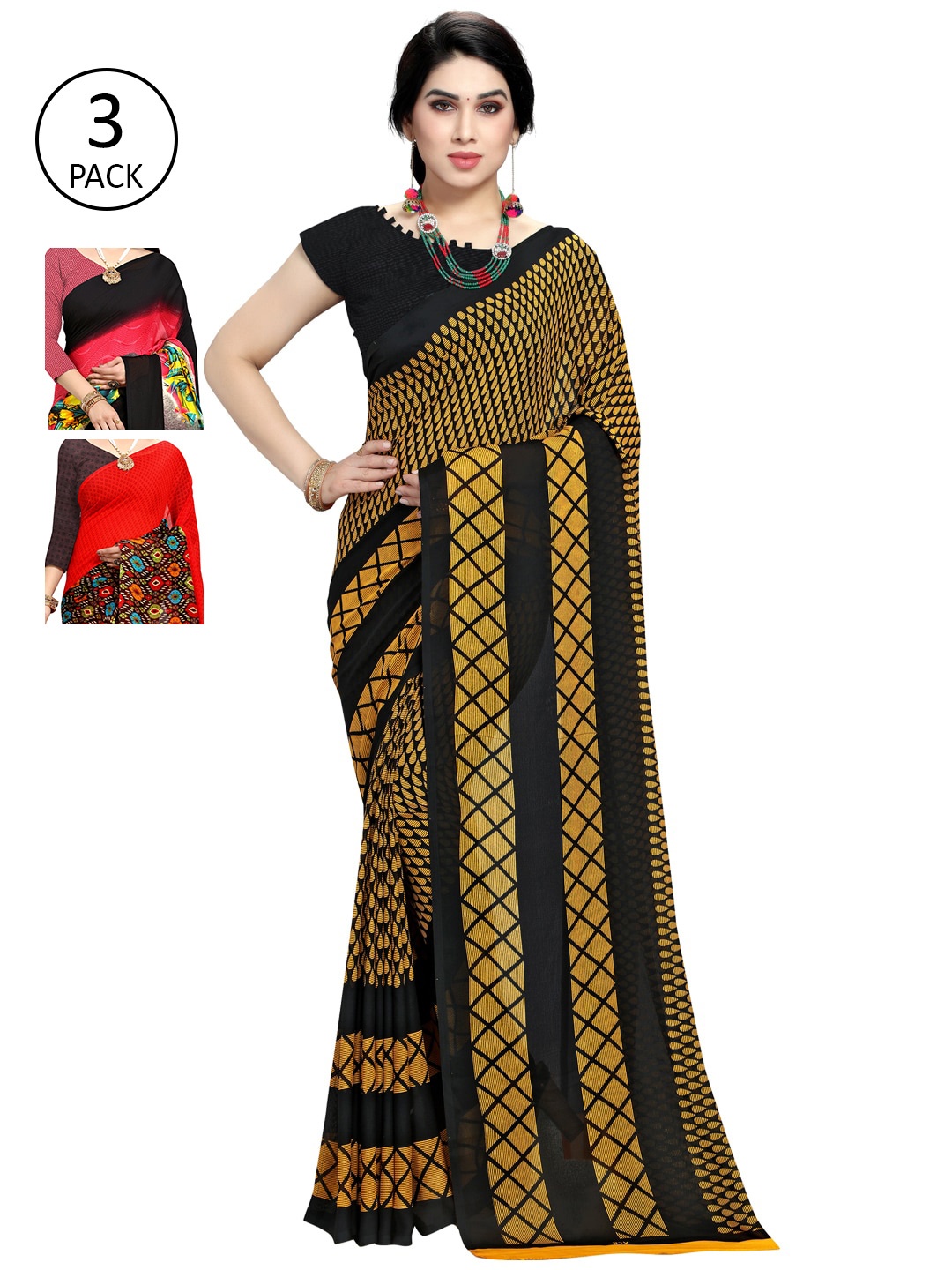 

KALINI Red & Yellow Pack of 3 Printed Sarees