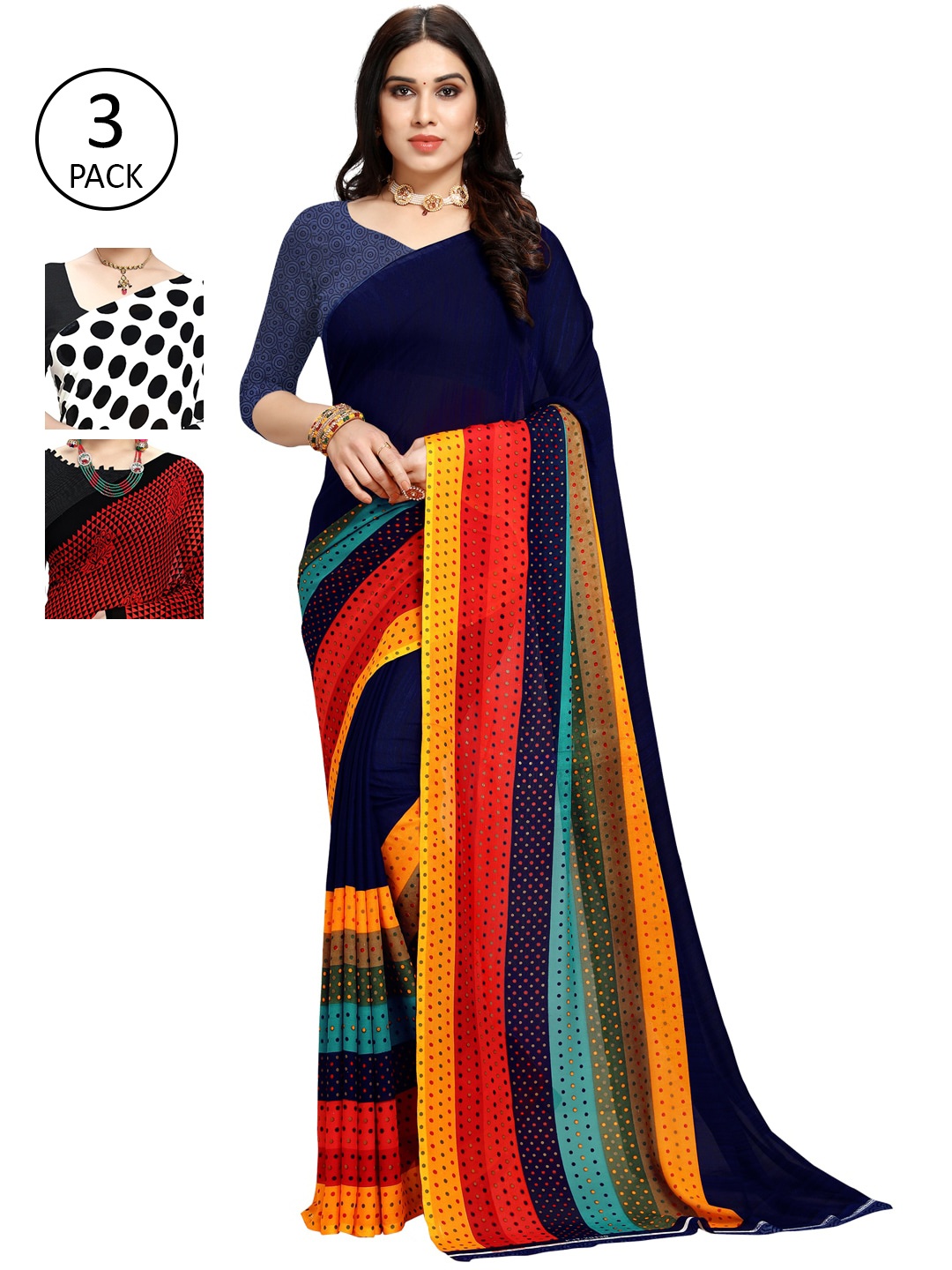 

KALINI Pack Of 3 Printed Sarees, Navy blue