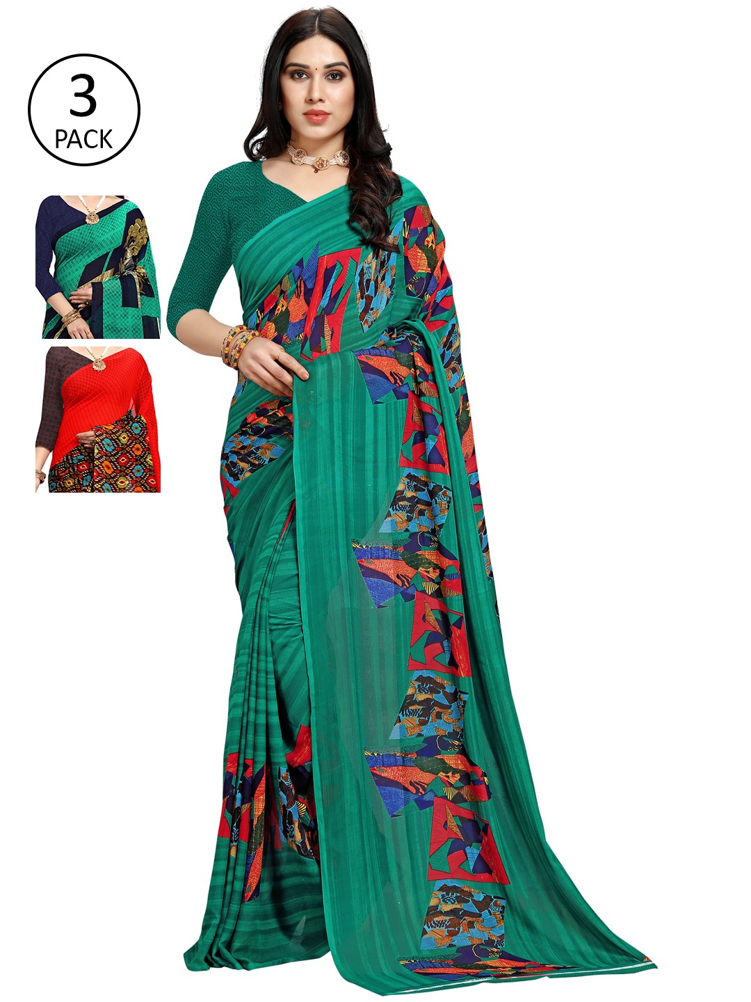 

KALINI Pack of 3 Printed Sarees, Teal