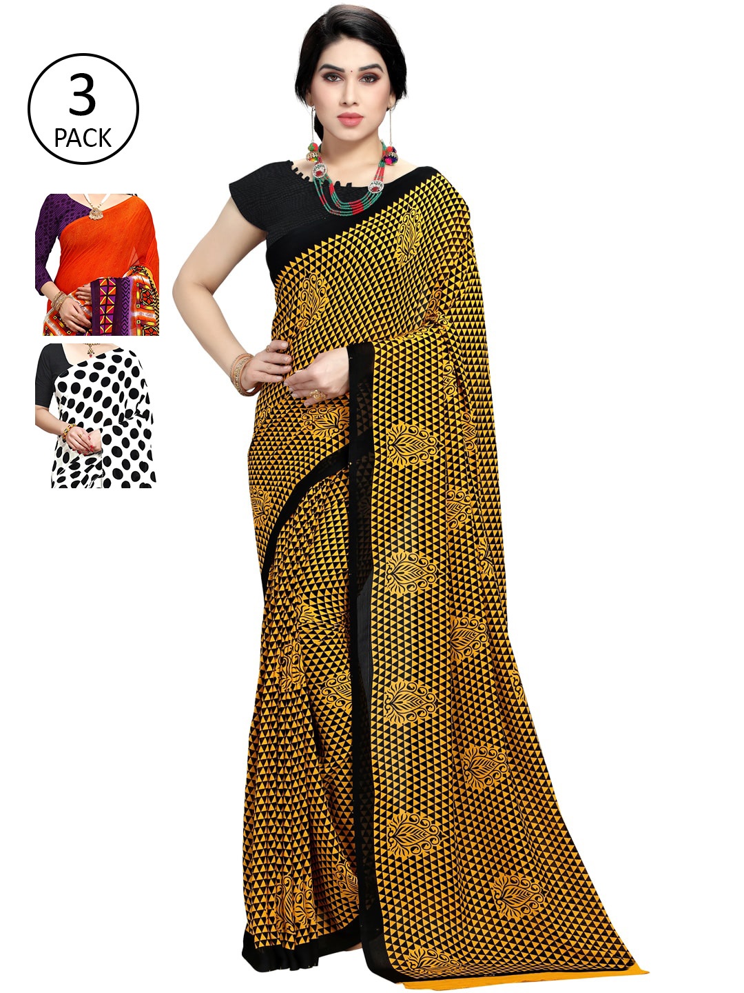 

KALINI Women Pack of 3 Printed Sarees, White