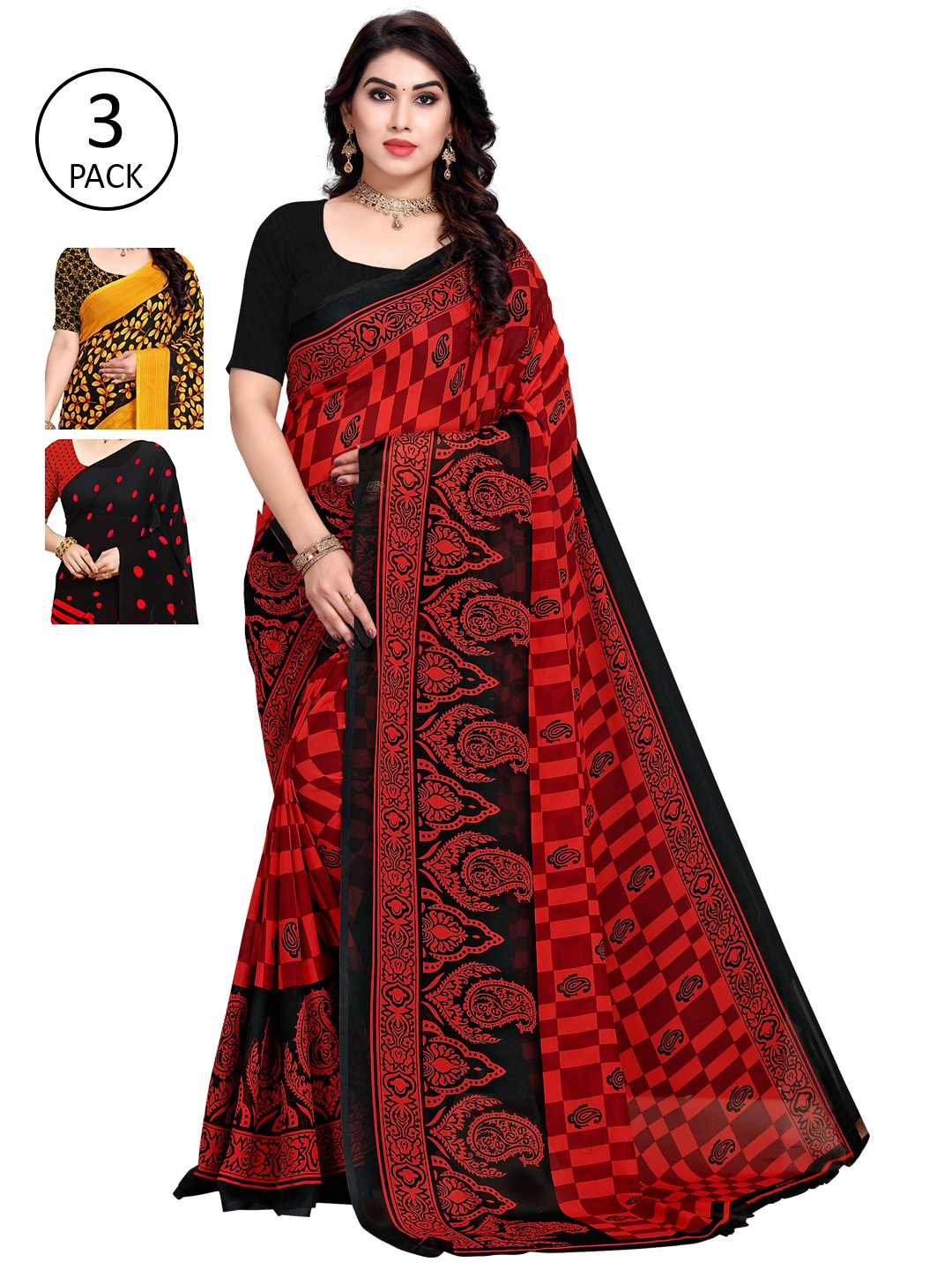 

KALINI Pack of 3 Printed Sarees, Red