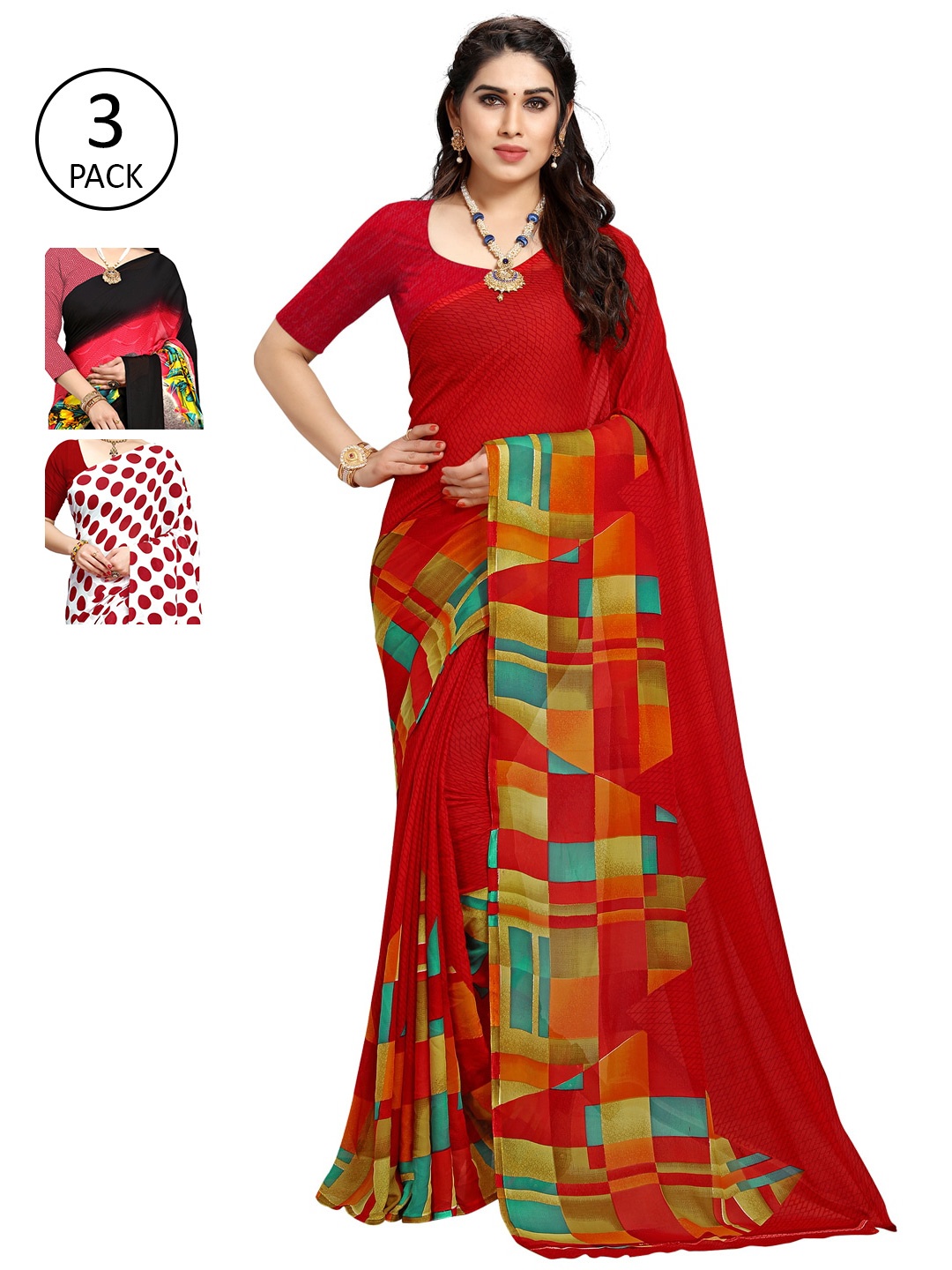 

ANAND SAREES Pack Of 3 White & Red Saree