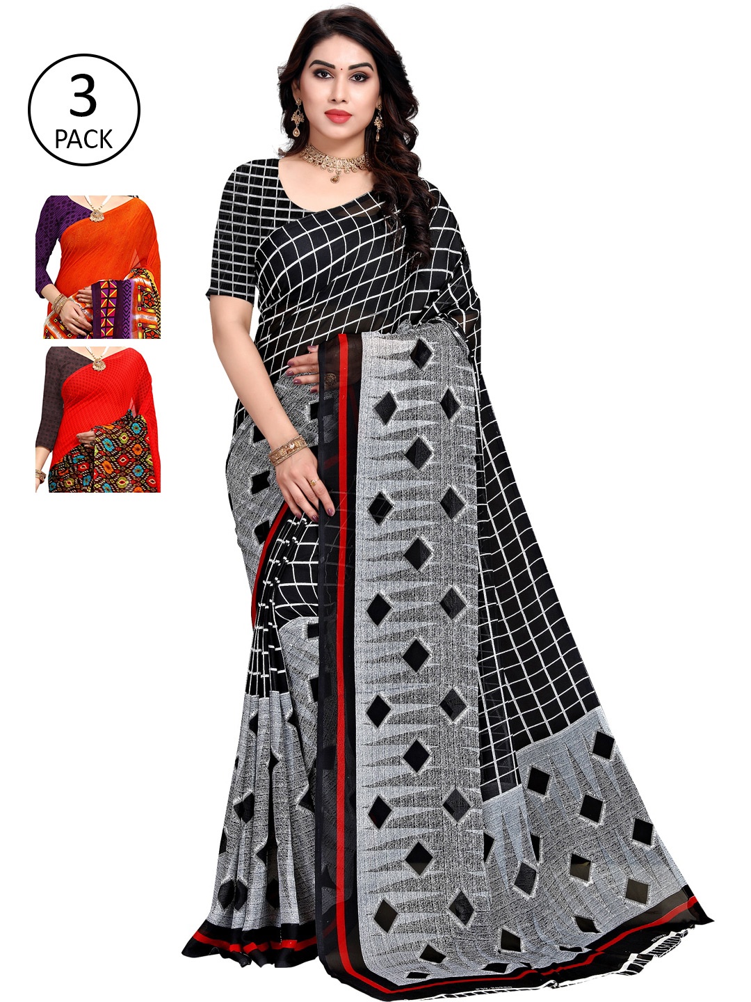 

KALINI Red & Grey Pack of 3 Printed Sarees