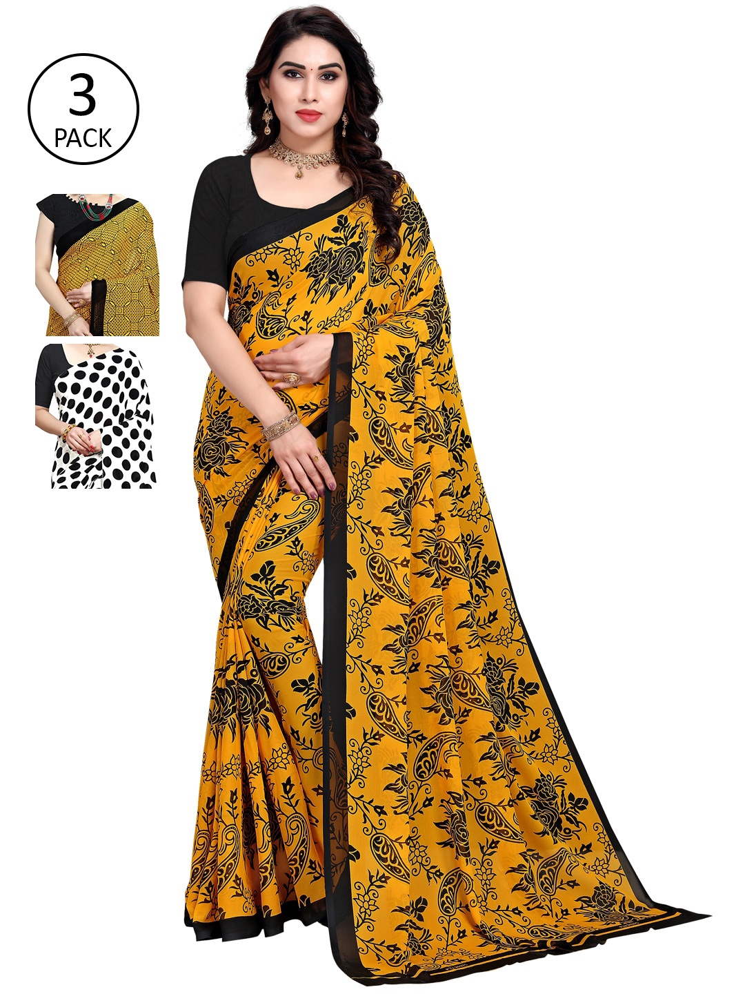 

KALINI White & Black Pack of 3 Printed Sarees