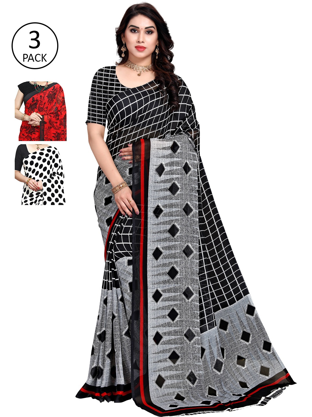 

KALINI White & Grey Pack of 3 Printed Sarees