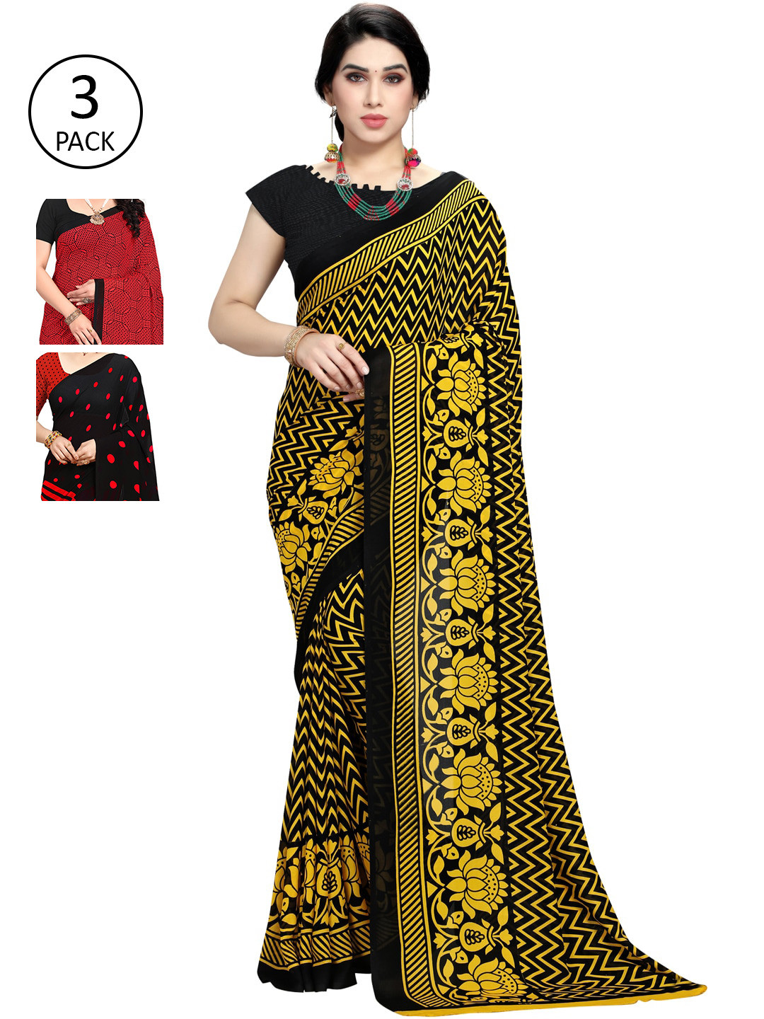 

KALINI Pack of 3 Printed Saree, Red