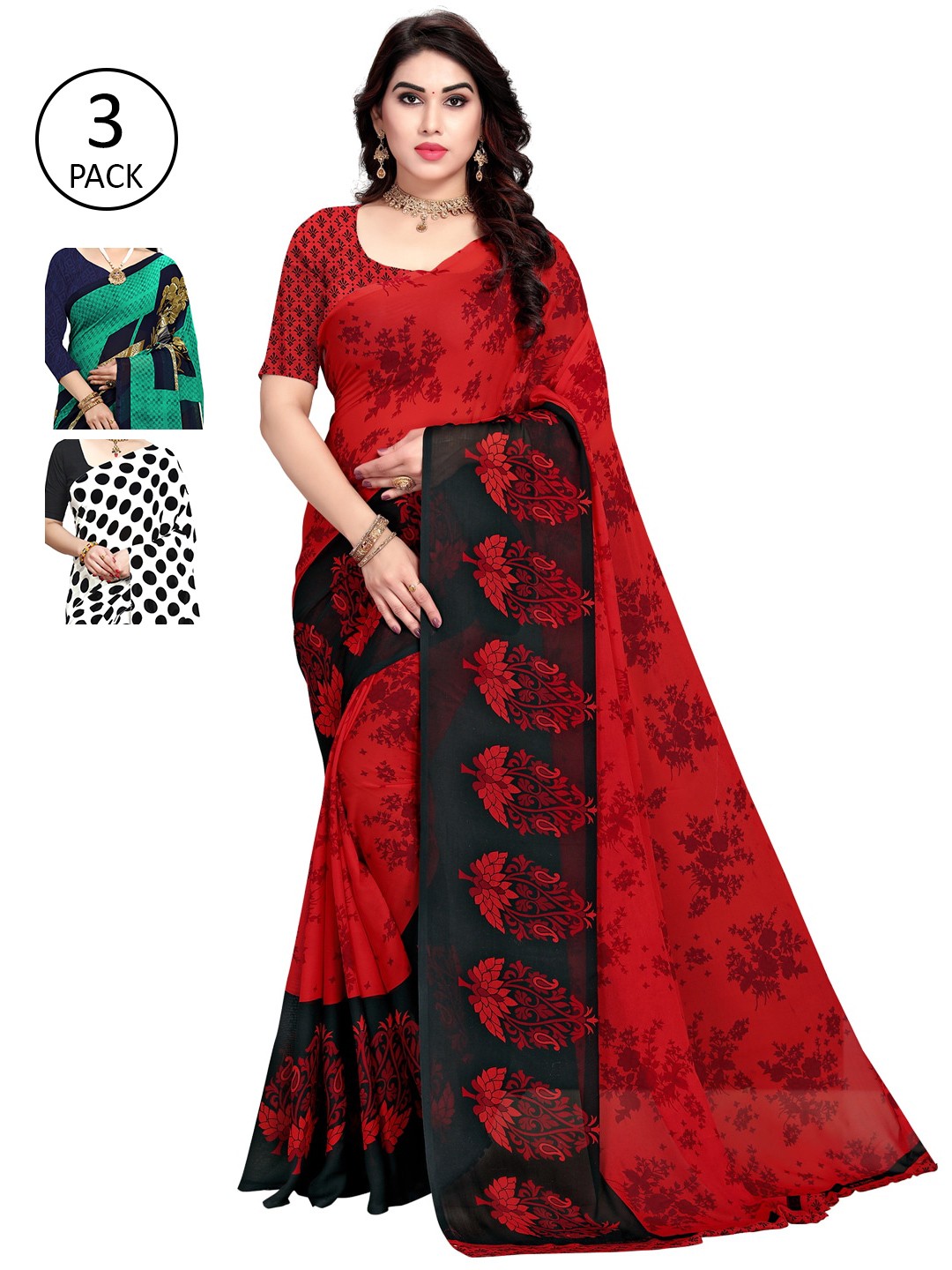 

KALINI Women Pack of 3 Printed Sarees, White