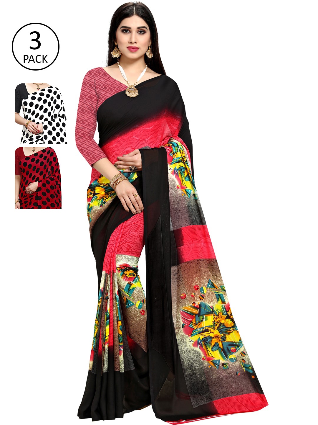 ANAND SAREES Set Of 3 Multicoloured Poly Georgette Printed Sarees, Multi
