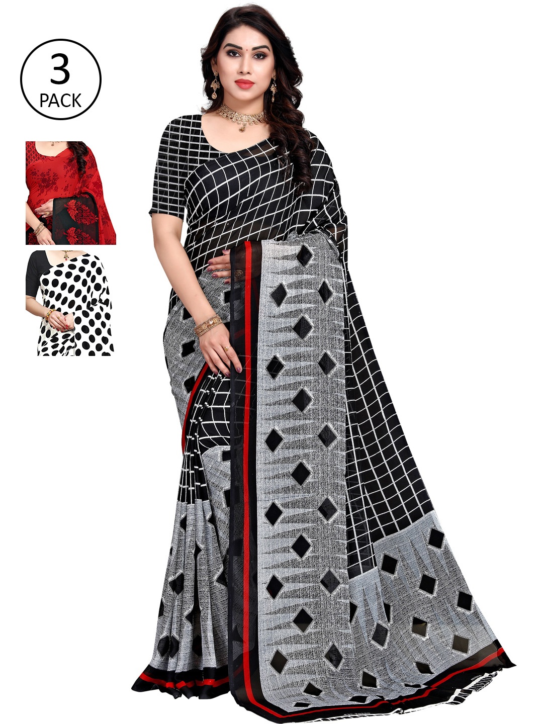 

KALINI Pack of 3 Poly Georgette Sarees, White