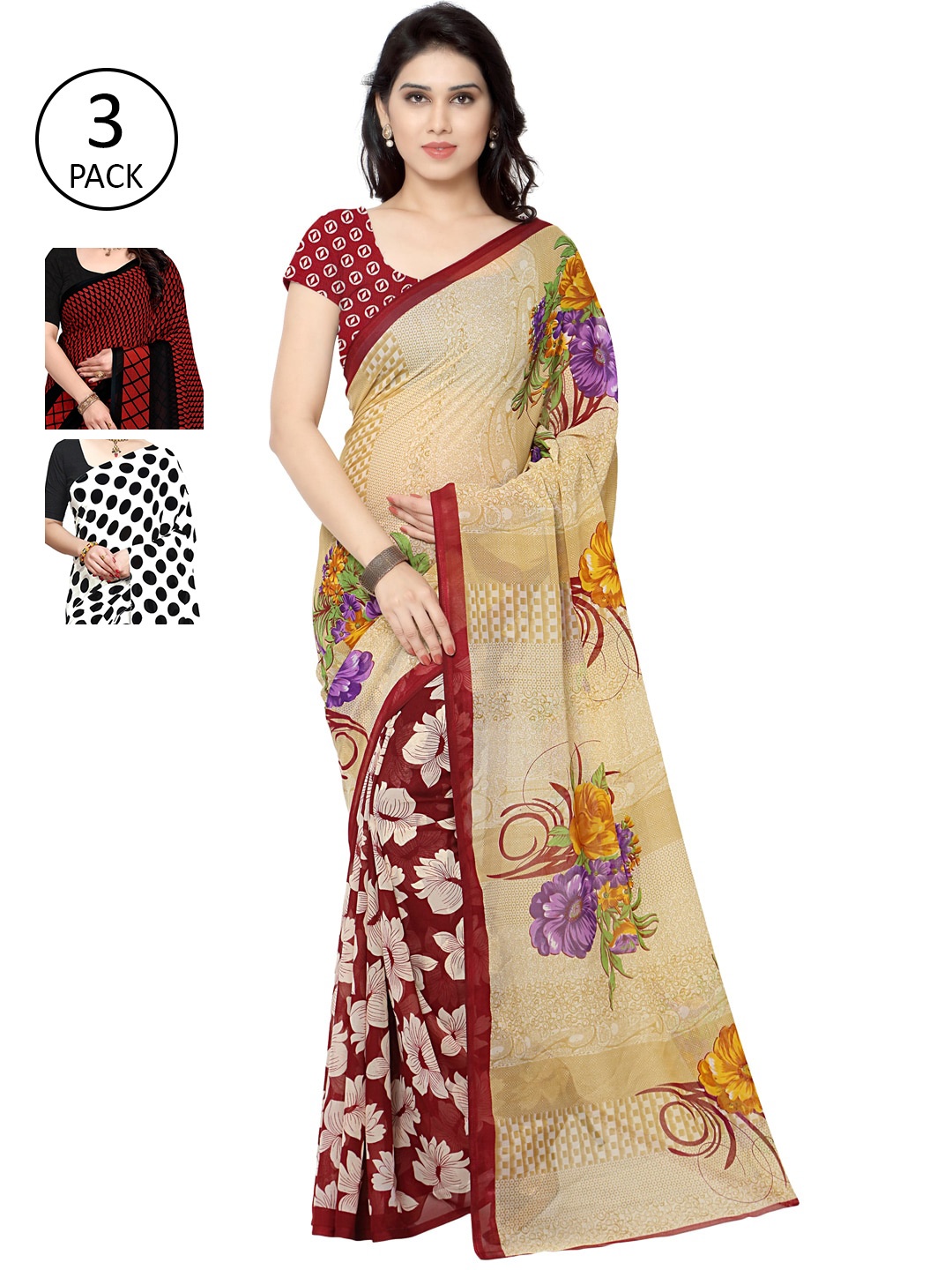 

KALINI Pack of 3 Poly Georgette Sarees, White