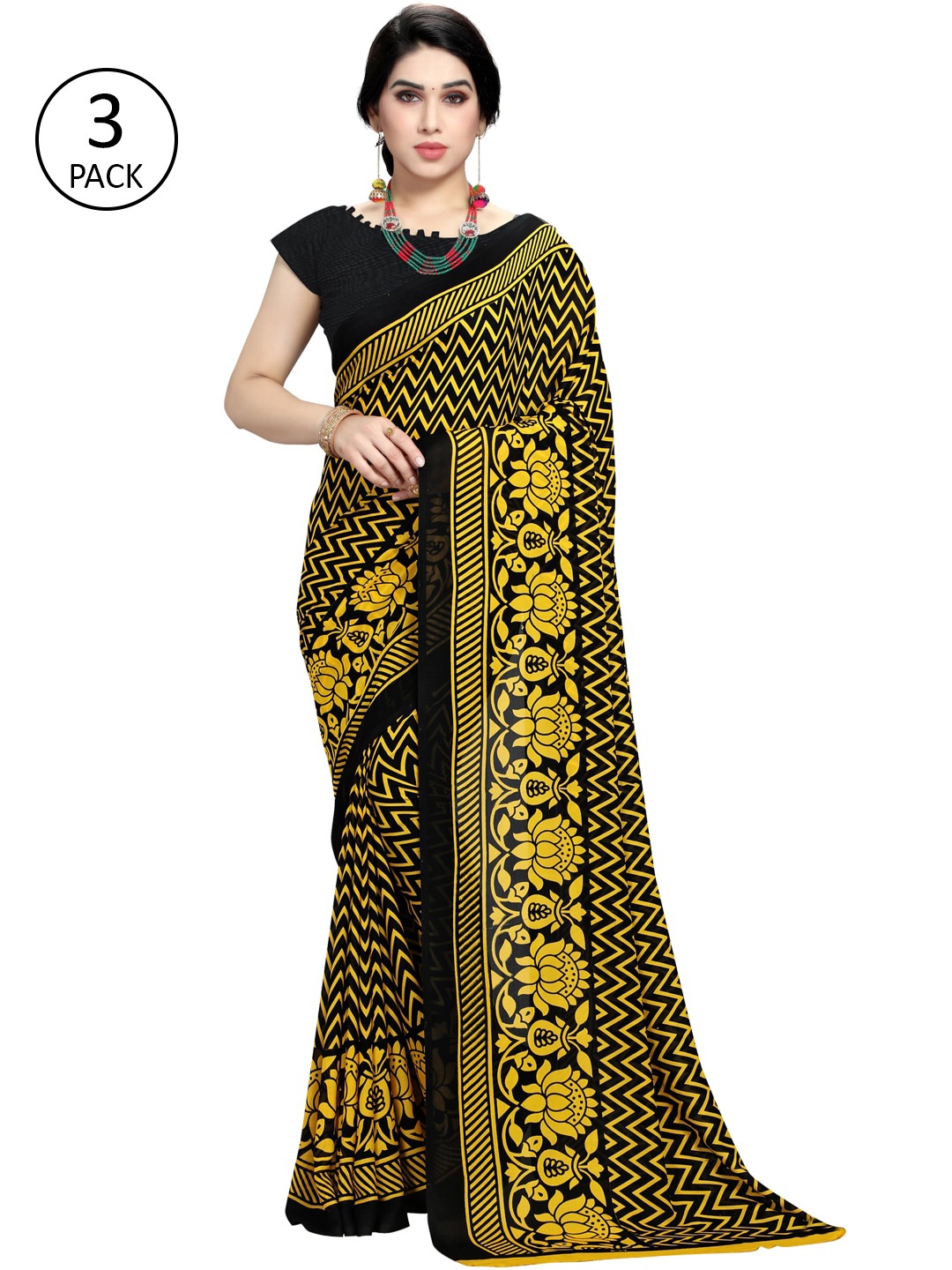 

KALINI White & Yellow Pack of 3 Printed Sarees