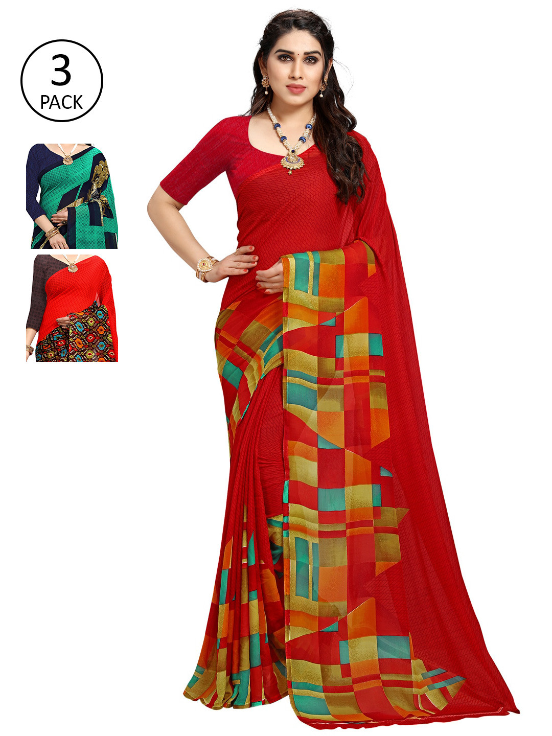 

KALINI Red & Brown Pack of 3 Printed Sarees