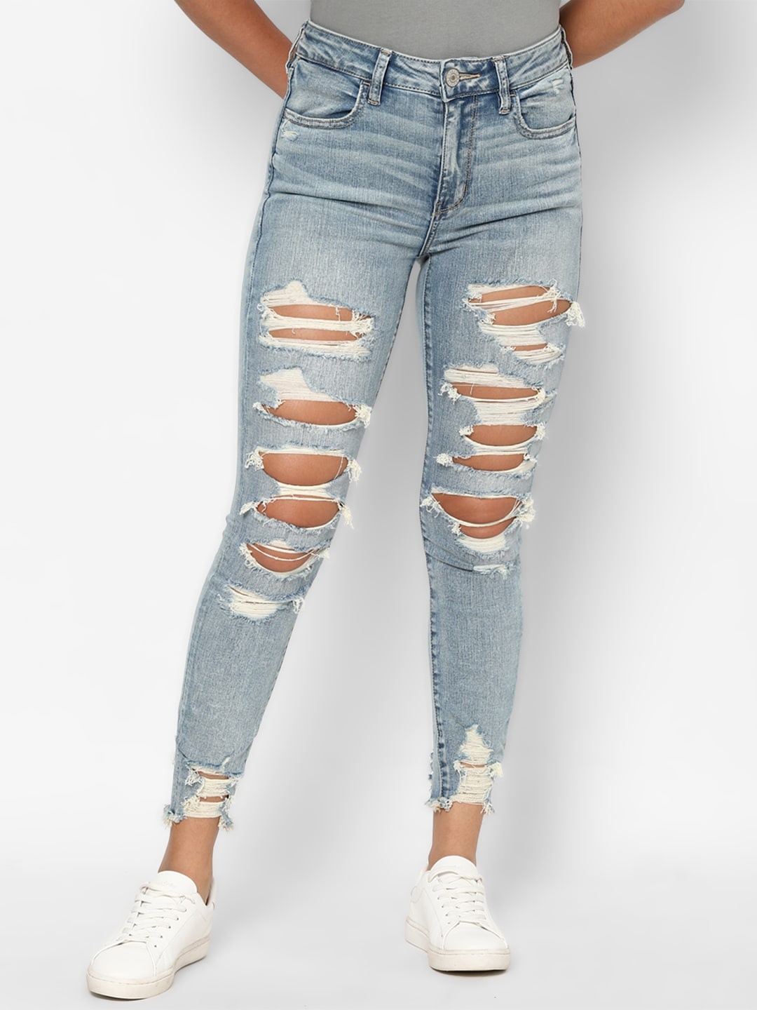 

AMERICAN EAGLE OUTFITTERS Women Blue Slim Fit Slash Knee Heavy Fade Jeans