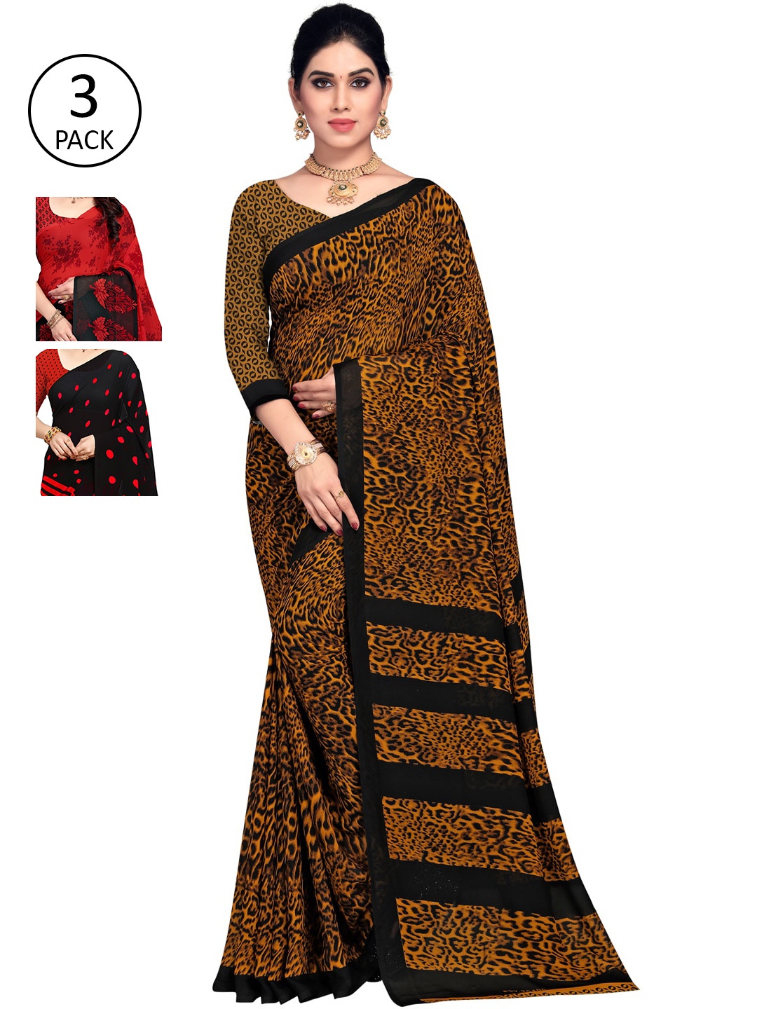 

KALINI Multicolor Georgette Printed Daily Wear Saree With Unstitched Blouse(Pack of 3), Brown
