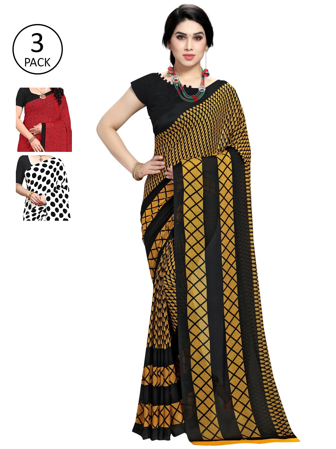 

KALINI Pack of 3 Poly Georgette Sarees, White