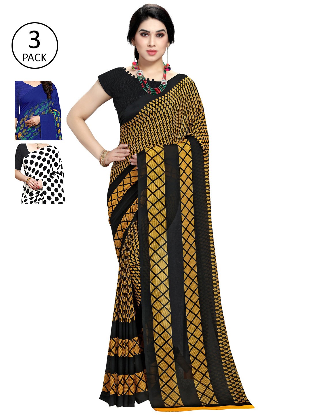 

KALINI Set of 3 Yellow, Black & Blue Printed Sarees