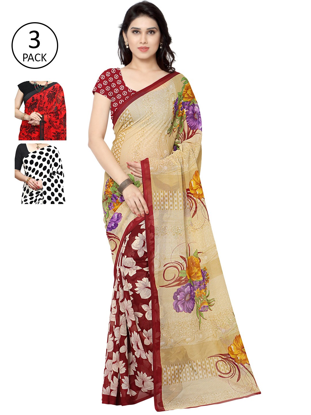 

KALINI Pack of 3 Poly Georgette Sarees, Red
