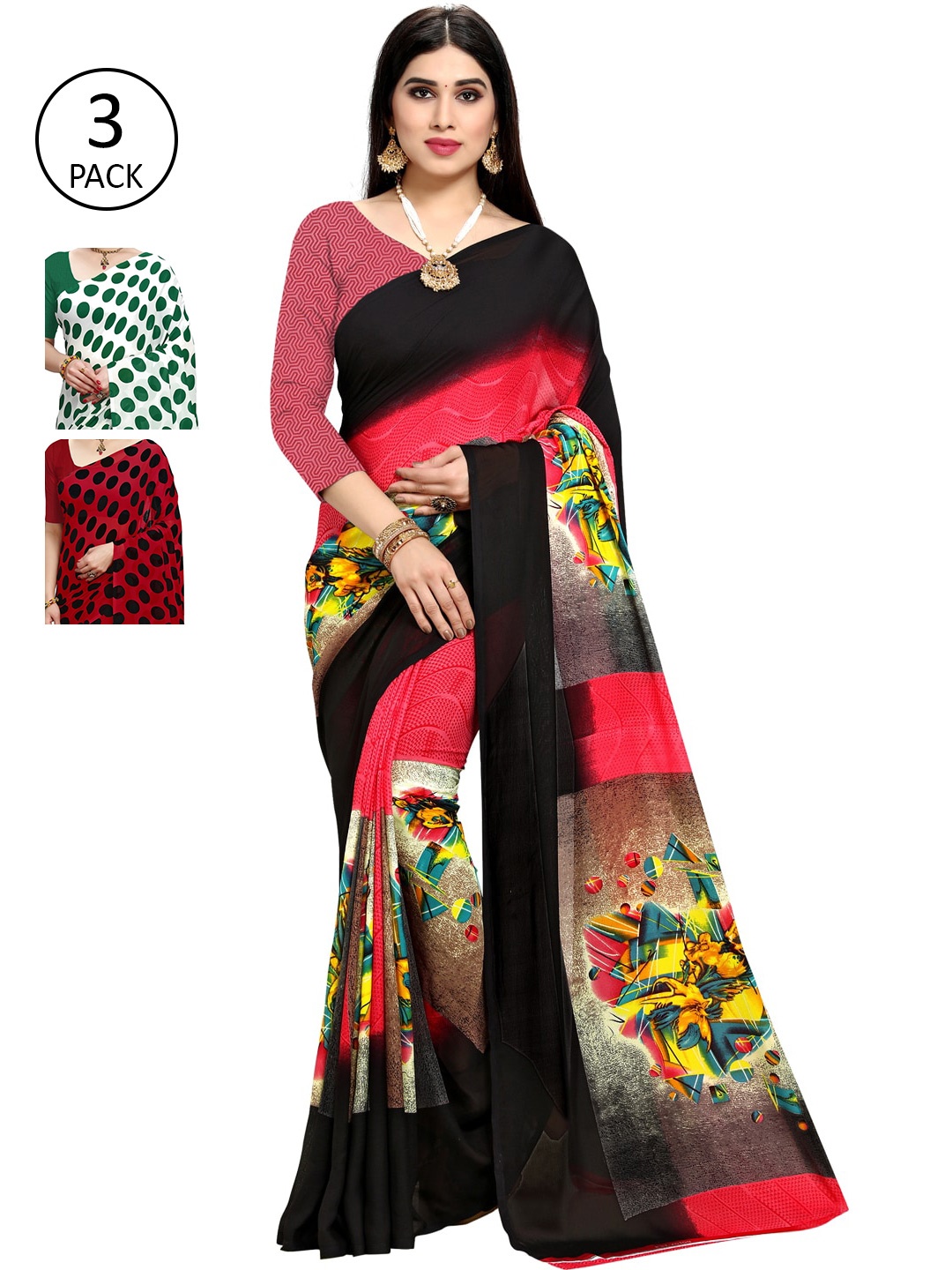 

KALINI Pack of 3 Printed Saree, Black