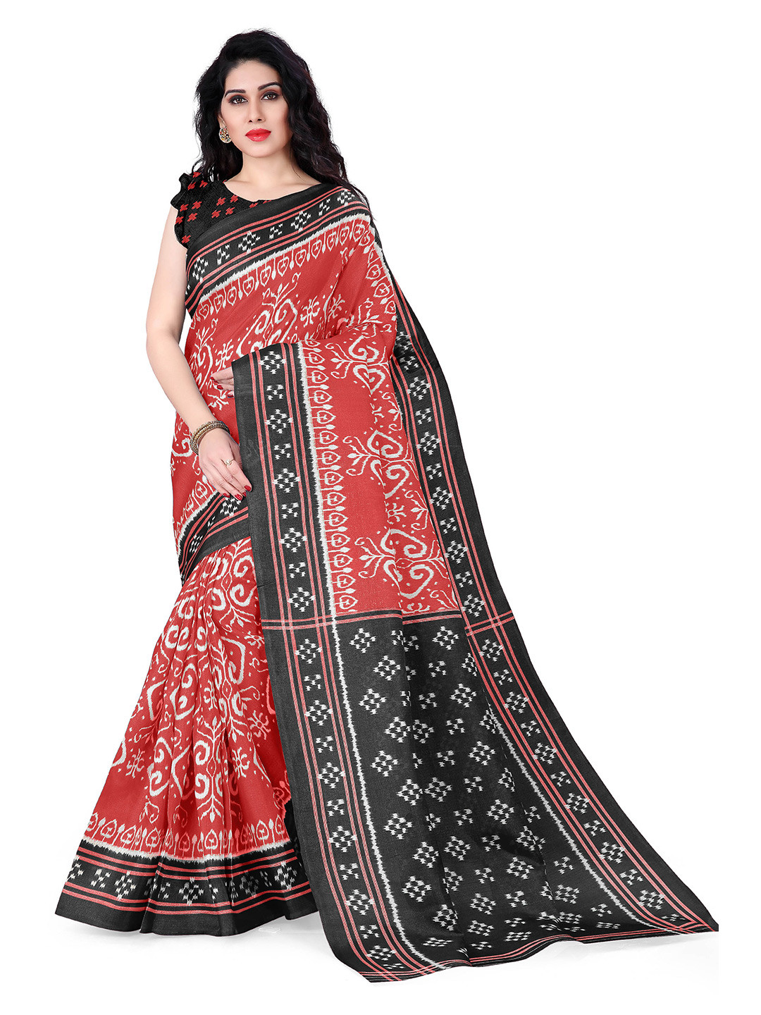 

KALINI Red & Black Floral Art Silk Saree