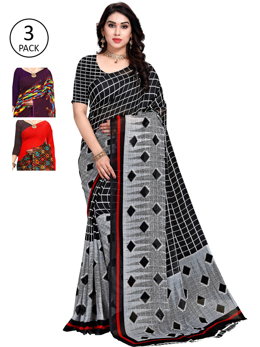 

KALINI Pack Of 3 Printed Poly Georgette Sarees, Red
