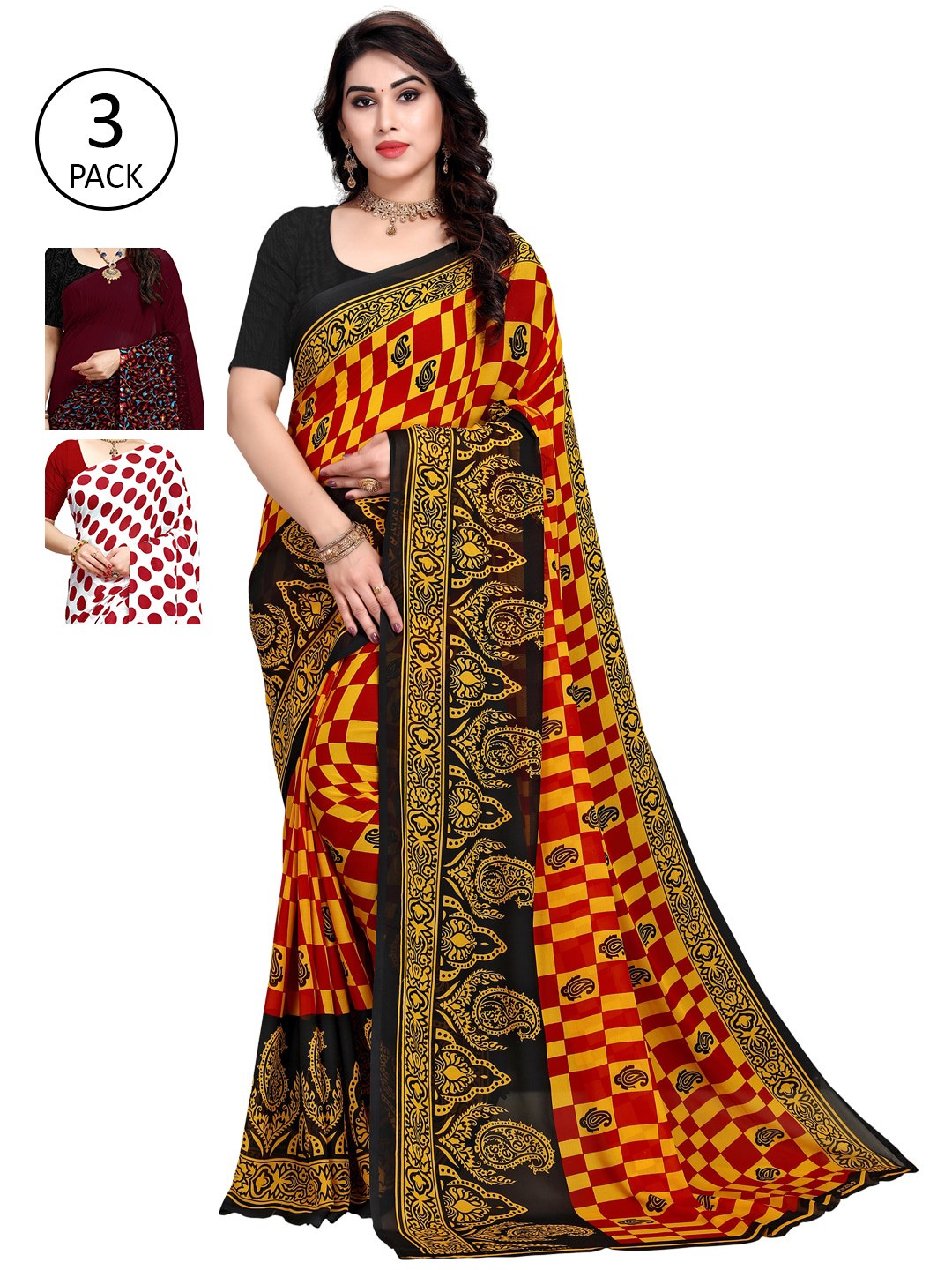 

KALINI Pack Of 3 White & Maroon & Yellow Printed Sarees, Red