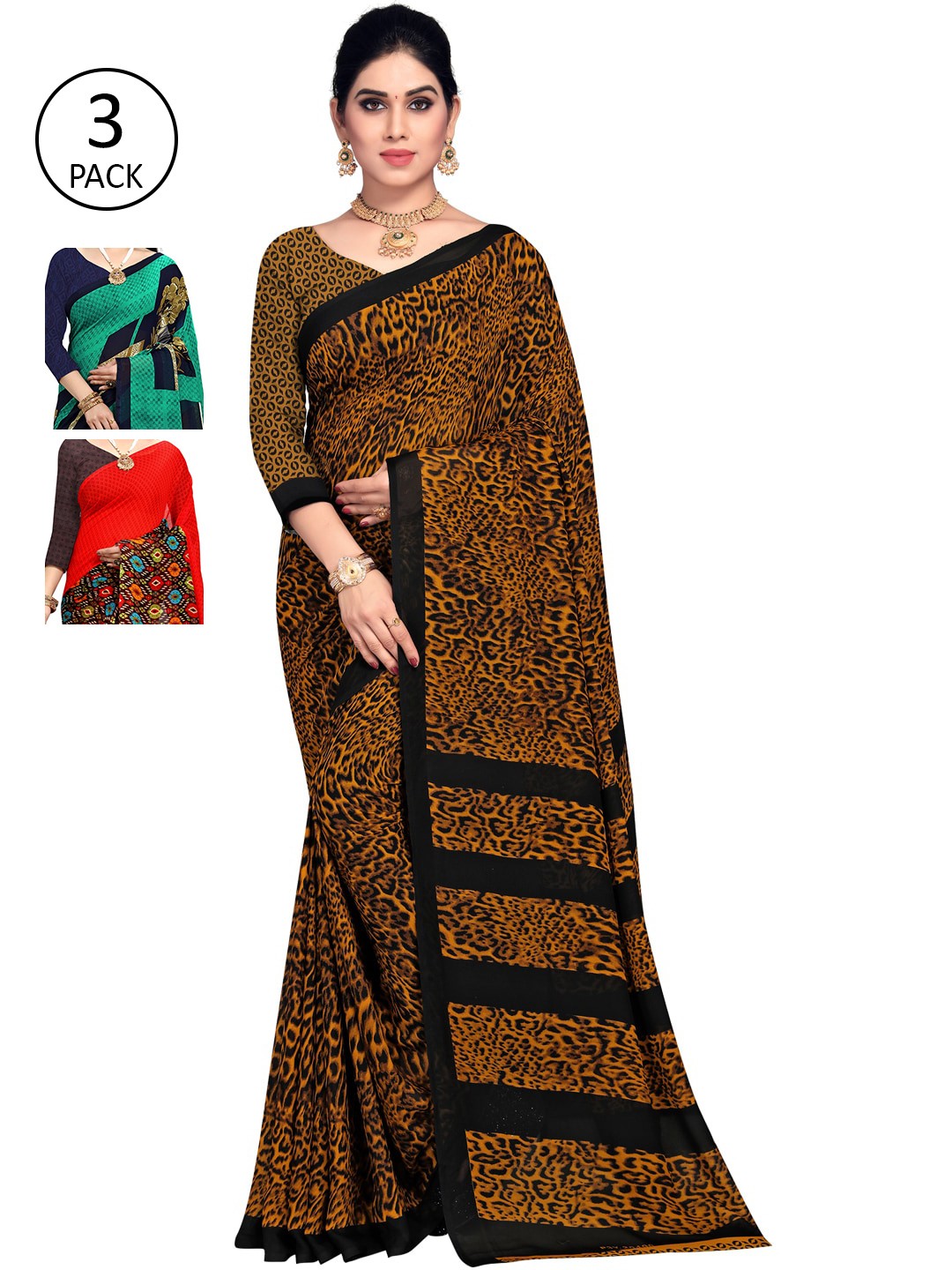 

KALINI Women Multicolored Pack of 3 Multicolor Printed Sarees, Green