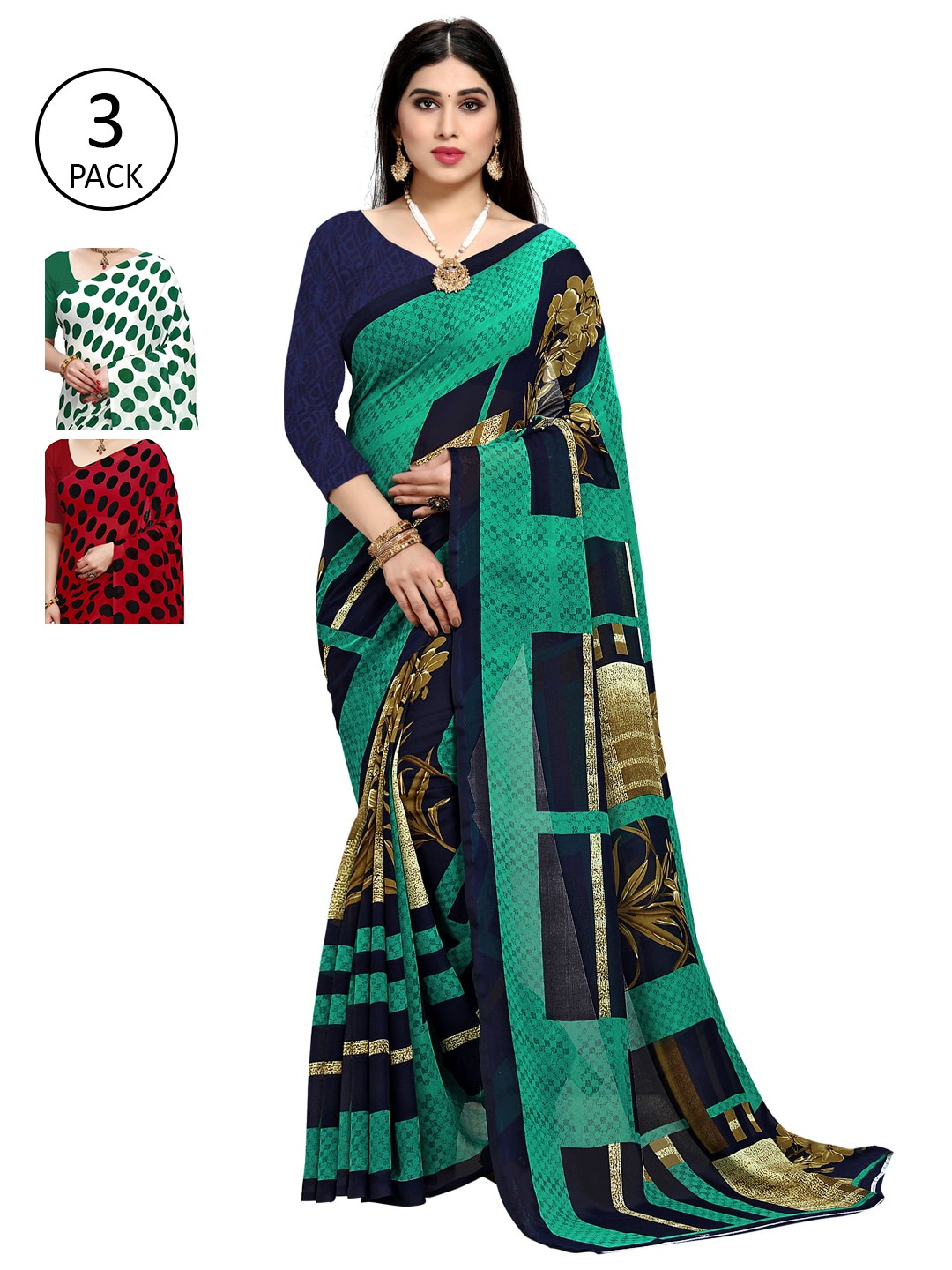 

KALINI Pack of 3 Printed Sarees, Red