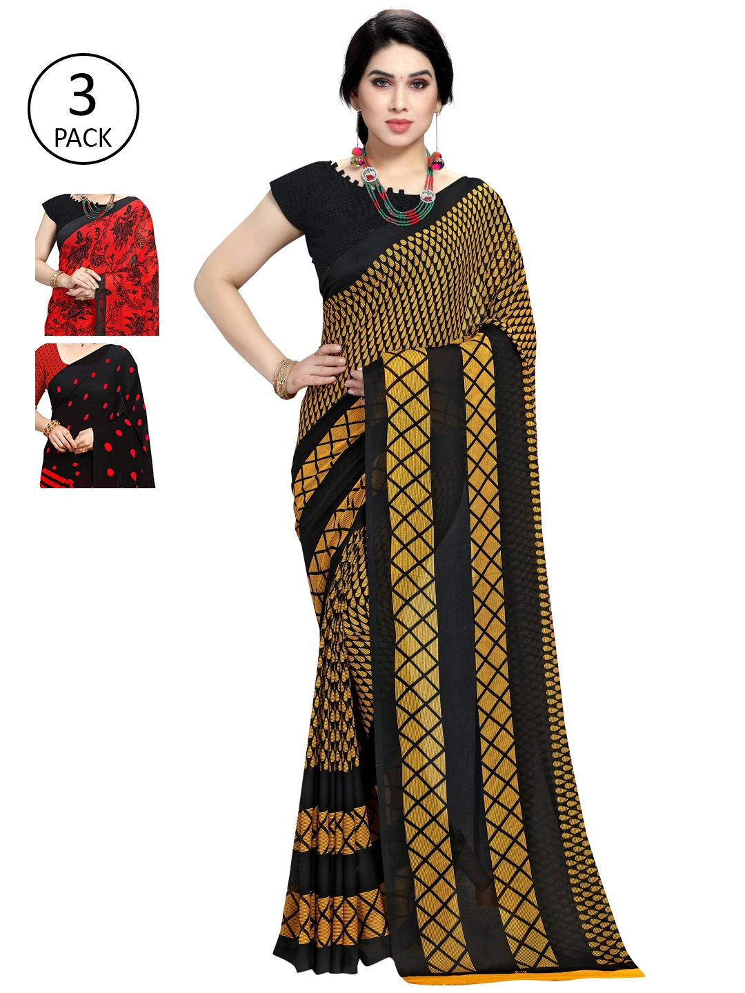 

KALINI Pack of 3 Printed Sarees, Red