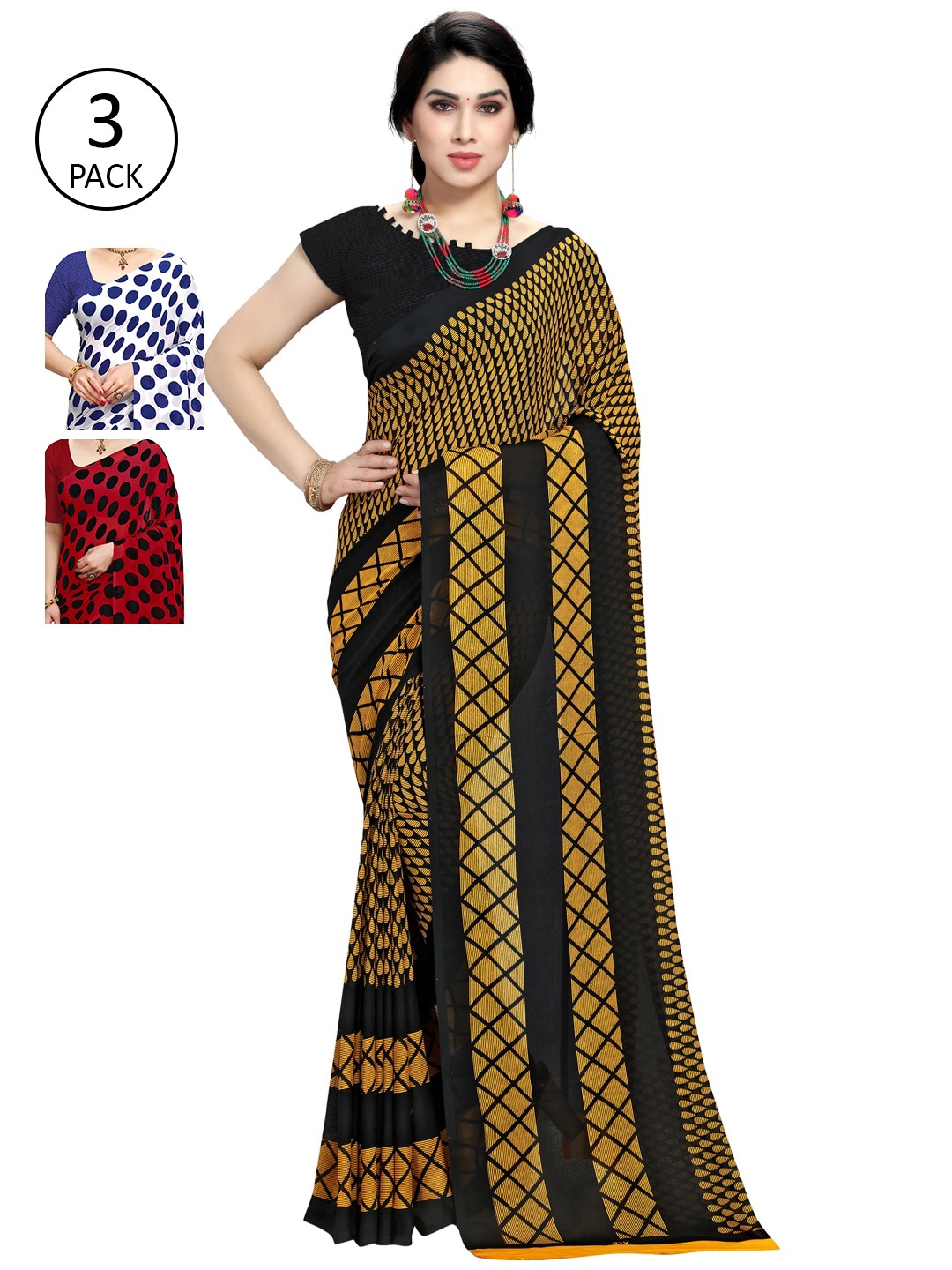 

KALINI Pack of 3 Printed Sarees, Red
