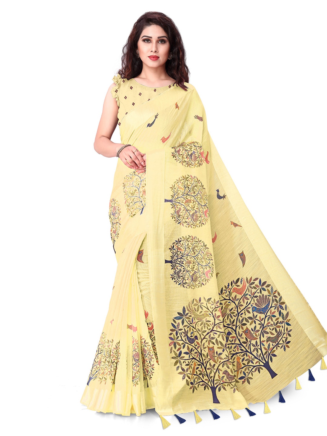 

KALINI Yellow & Blue Ethnic Motifs Baluchari Polycotton Saree