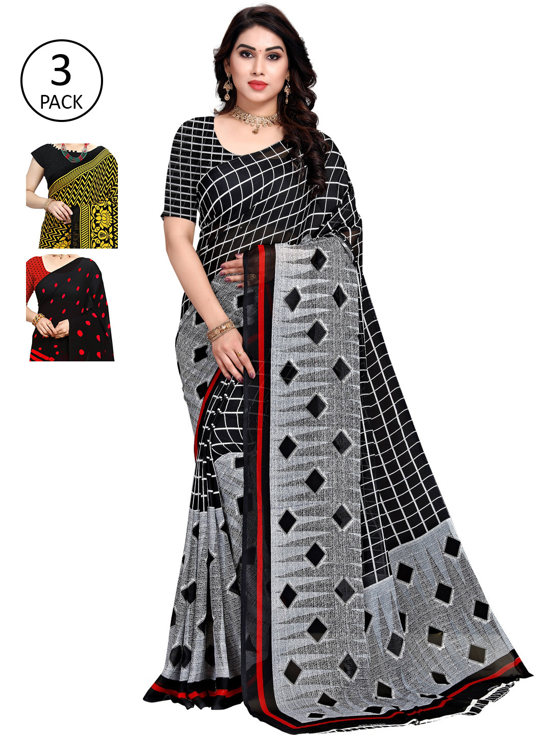 

ANAND SAREES Pack of 3 Printed Saree, Red