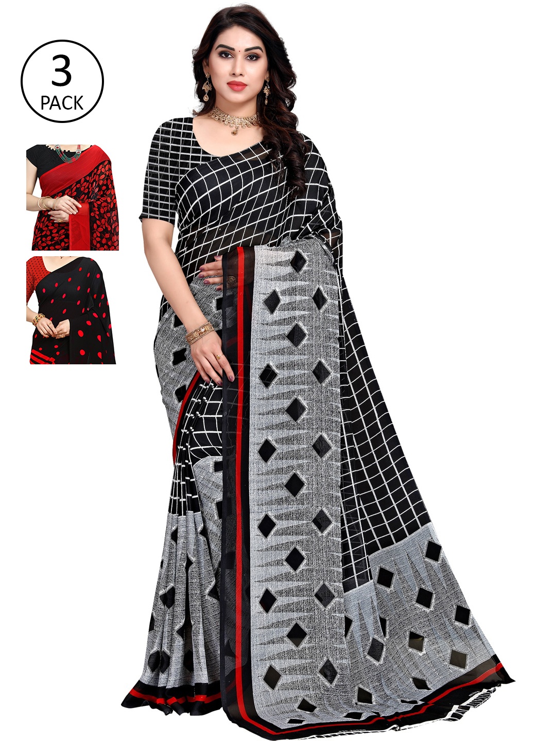 

KALINI Pack of 3 Printed Sarees, Red