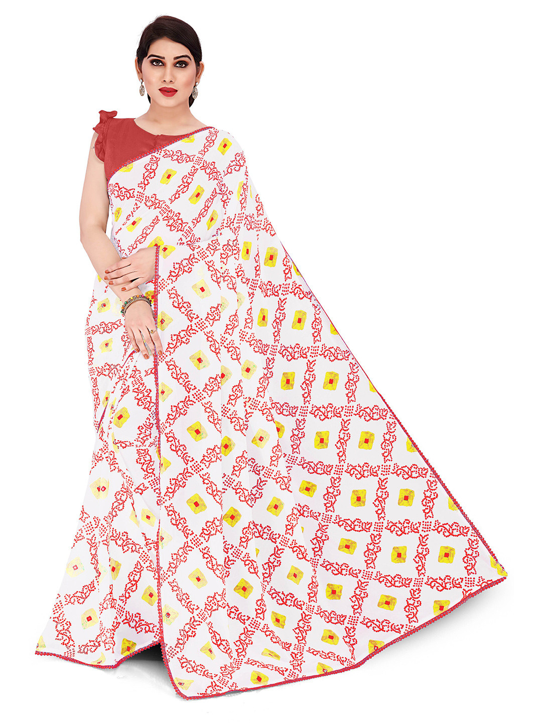 

KALINI White & Red Bandhani Saree