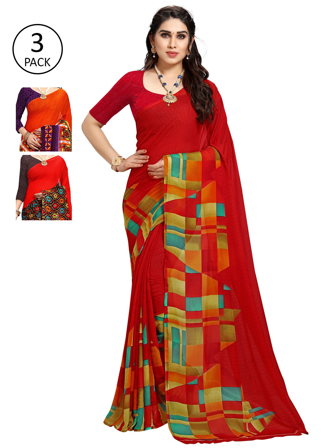 

KALINI Pack of 3 Poly Georgette Saree, Orange