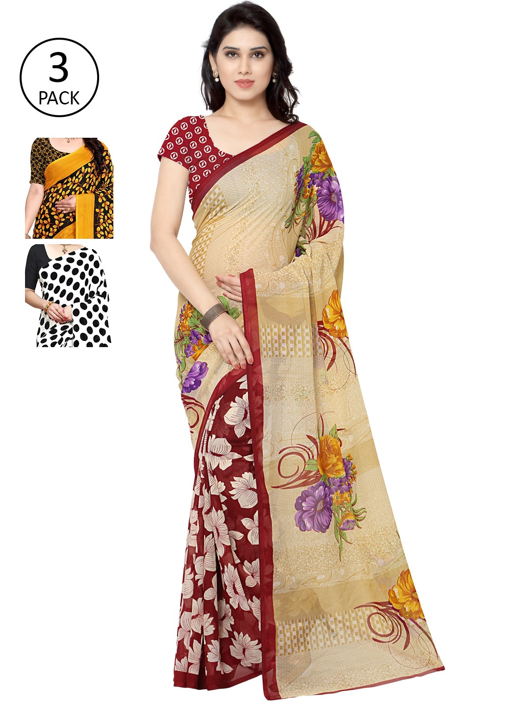 KALINI White & Beige Pack of 3 Printed Sarees