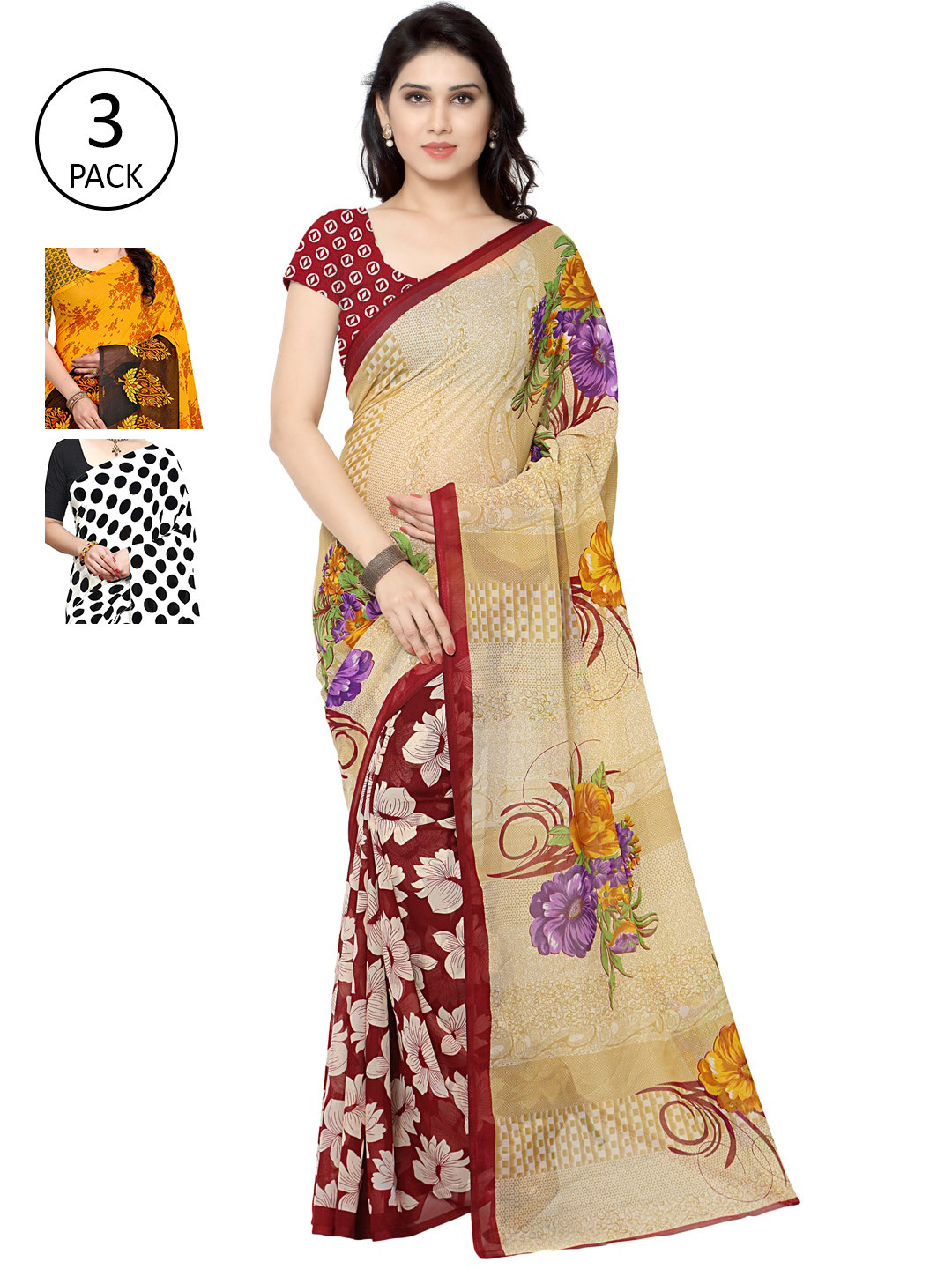 

KALINI White & Black Pack of 3 Printed Sarees