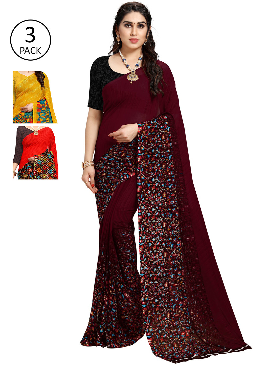 

KALINI Pack Of 3 Sarees, Maroon