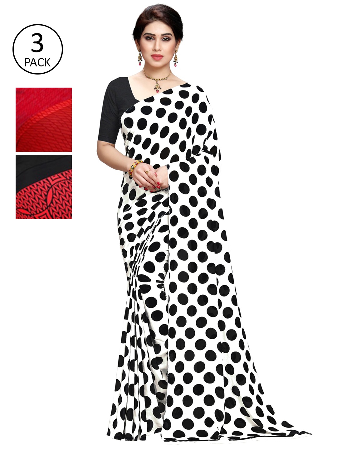 

KALINI Set of 3 White, Red & Black Printed Sarees