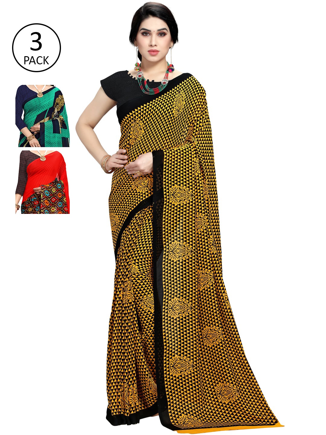

KALINI Red & Blue Pack of 3 Printed Sarees