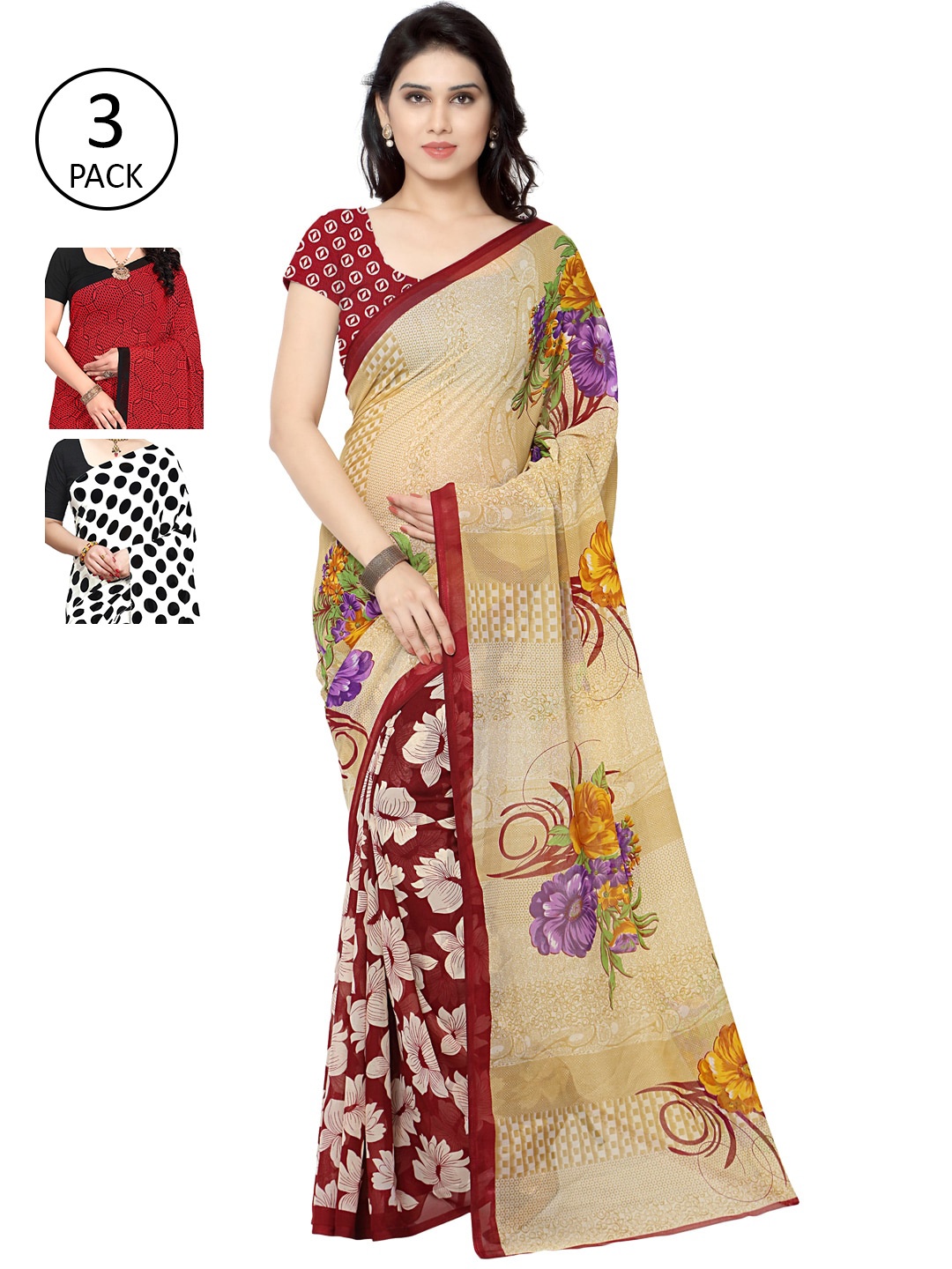 

KALINI Women Pack of 3 Multicolor Poly Georgette Printed Saree, White