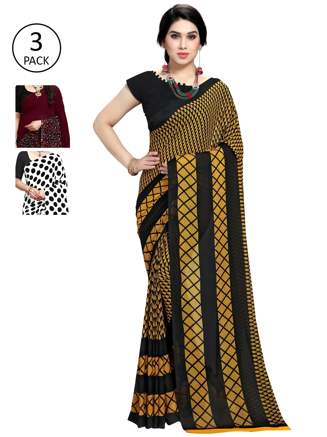

KALINI Pack Of 3 Printed Saree, Black